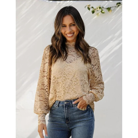 Womens Lace Tops Long Sleeve Mock Neck Casual Elegant Blouses Shirts - Picture 4 of 7